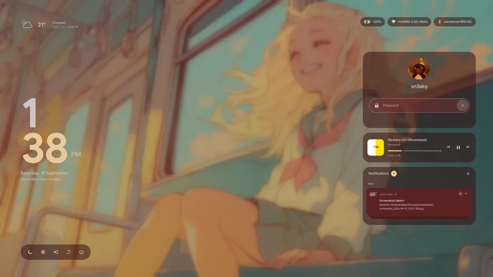 The Lucid lock screen: a large clock on the left, and the sign-in card, the song playing and notifications on the right