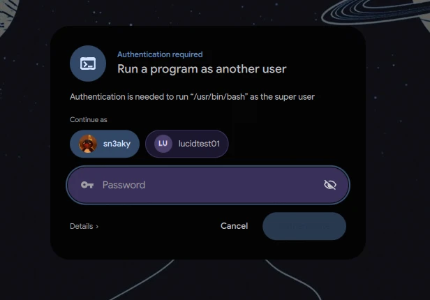 Lucid's authentication dialog asking to run a program as another user, with two accounts to choose from