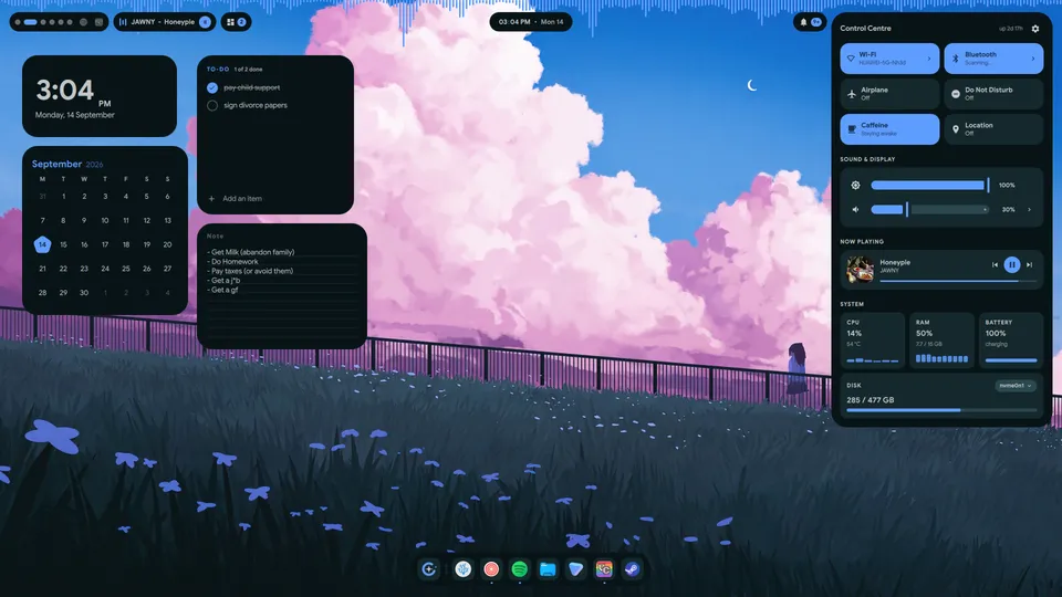 The control centre open on the right: quick toggles, brightness and volume, what is playing, and system stats