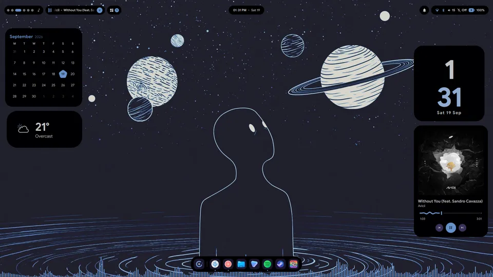 A calendar, the weather, a stacked clock and a music card over a dark space wallpaper