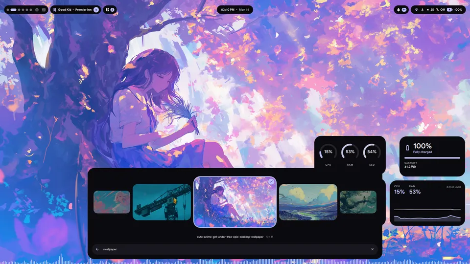 The launcher's wallpaper carousel over a purple wallpaper, with system and battery widgets on the right