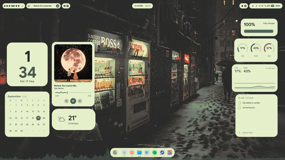 Lucid in light mode: pale green widgets, bar and dock over a night-time street