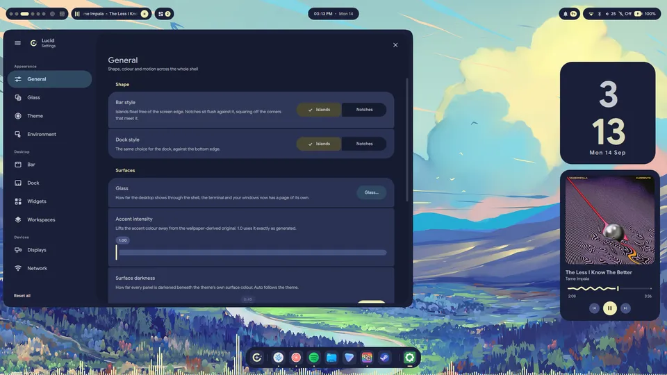 Lucid Settings on the General page, beside a clock and a music widget