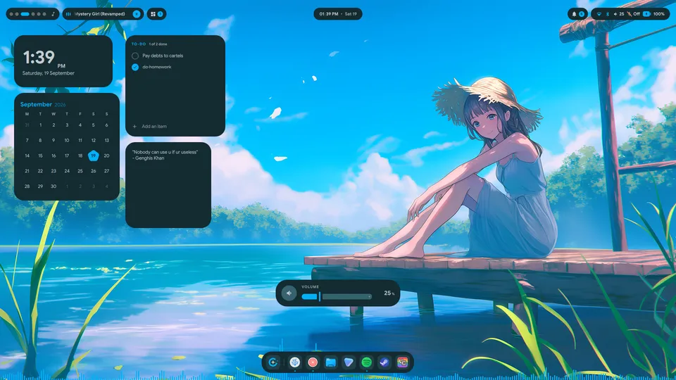 Clock, calendar, to-do and note widgets on a lakeside wallpaper, with the volume popup above the dock