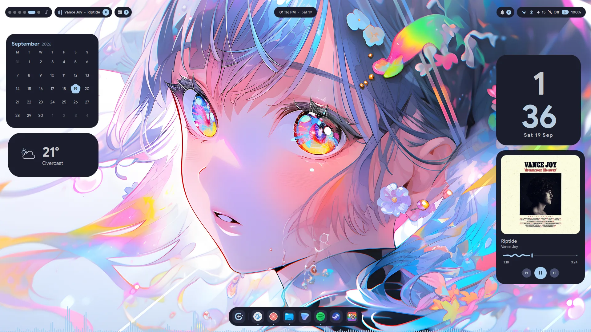 The Lucid desktop: a row of pills along the top, calendar and weather cards on the left, a clock and a music player on the right, and the dock along the bottom